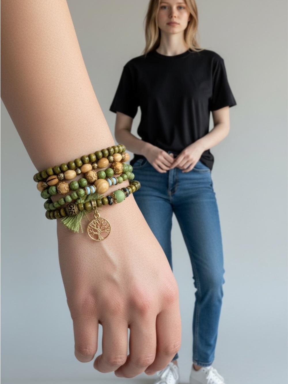 9/19 Green Beaded Multi-Strand Charm Bracelet — Unbranded